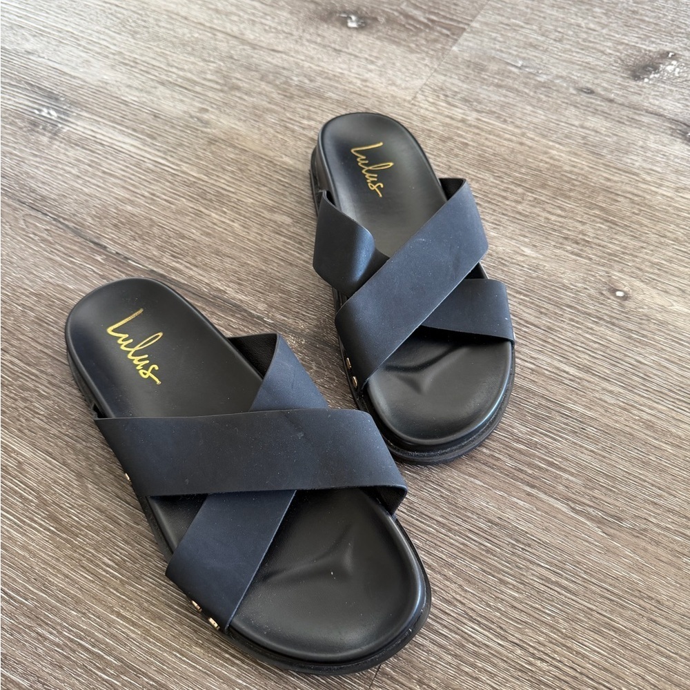 Lulu's Black Slide Sandals with Gold Logo